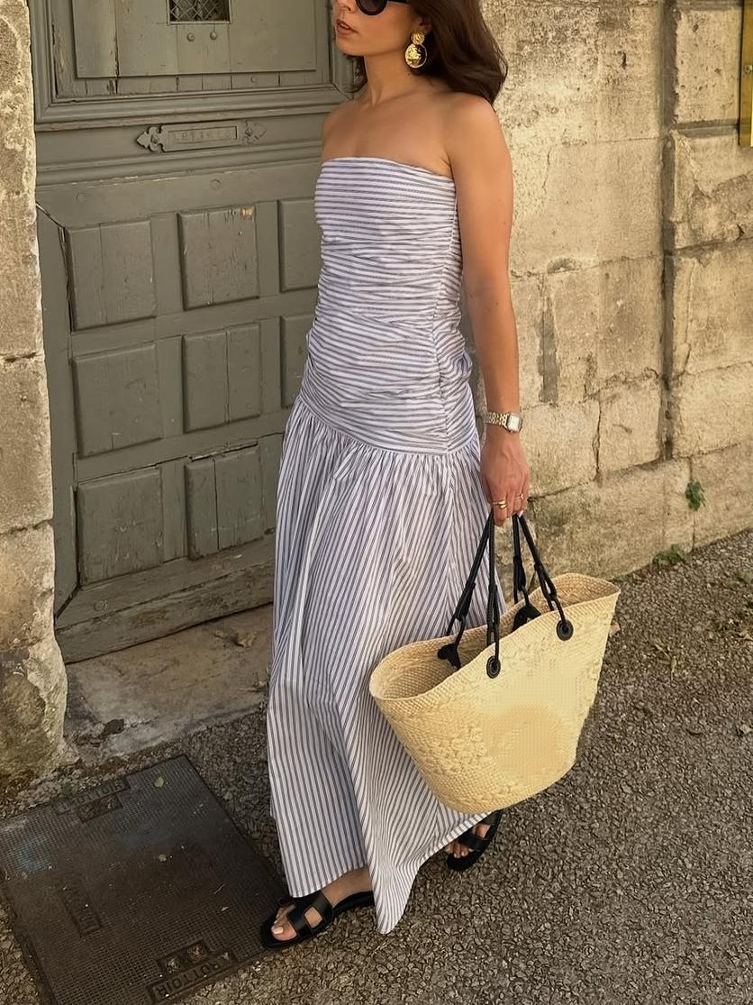 Elegant Strapless Striped Maxi Dress