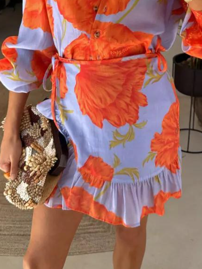 Vibrant Floral Print Stylish Wrap - Around Mini Skirt