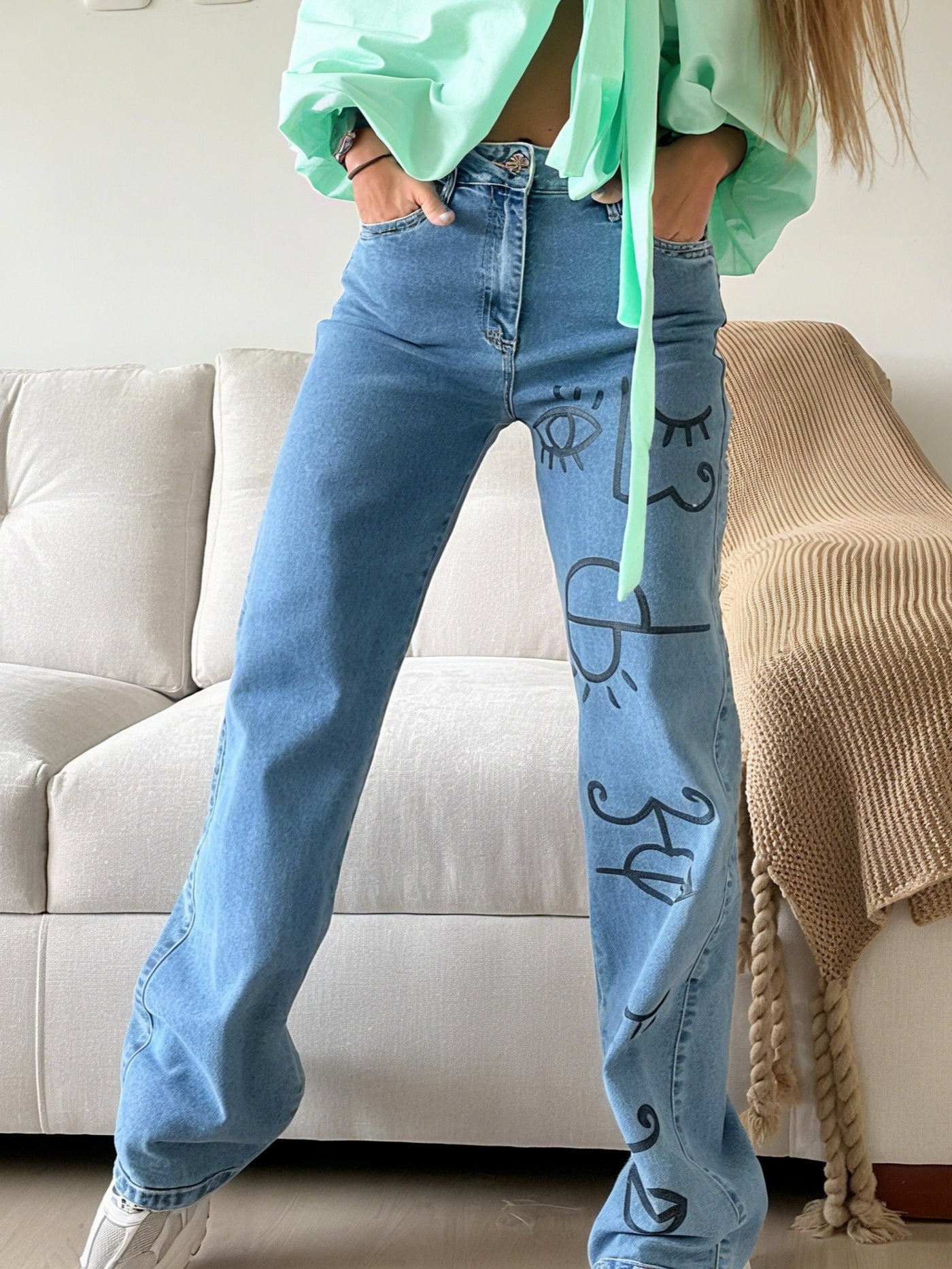 Stylish Blue Jeans With Hand-painted Faces