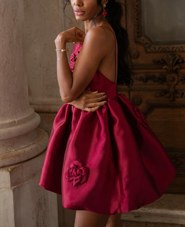 Elegant Burgundy Satin Mini Dress with Floral Embellishments
