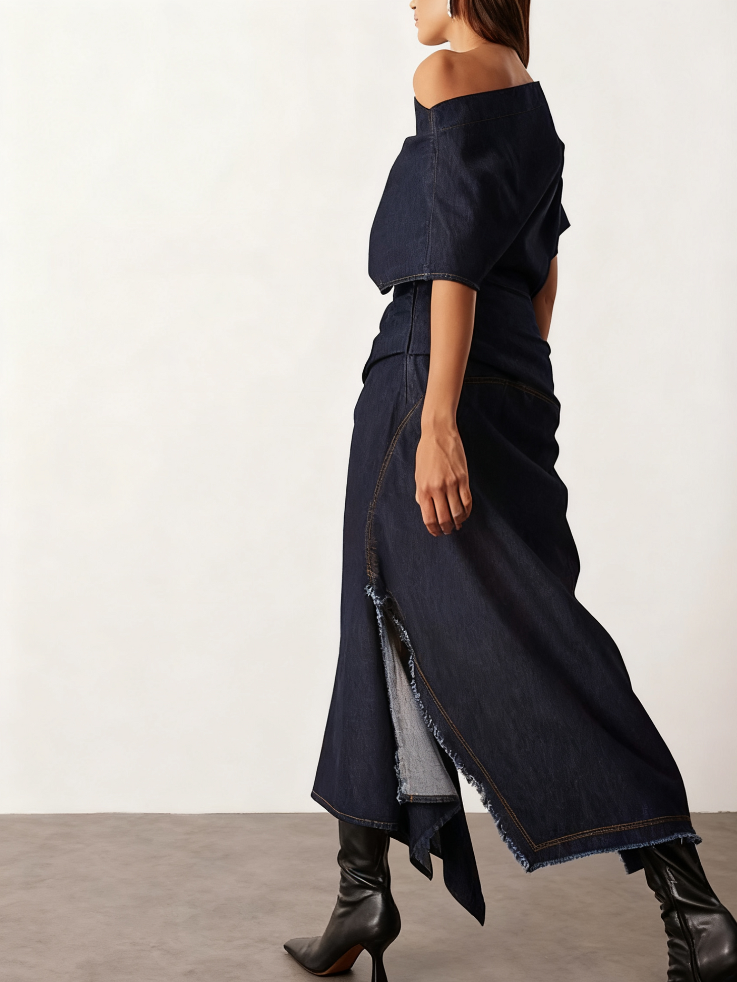 Draped Denim Maxi Dress