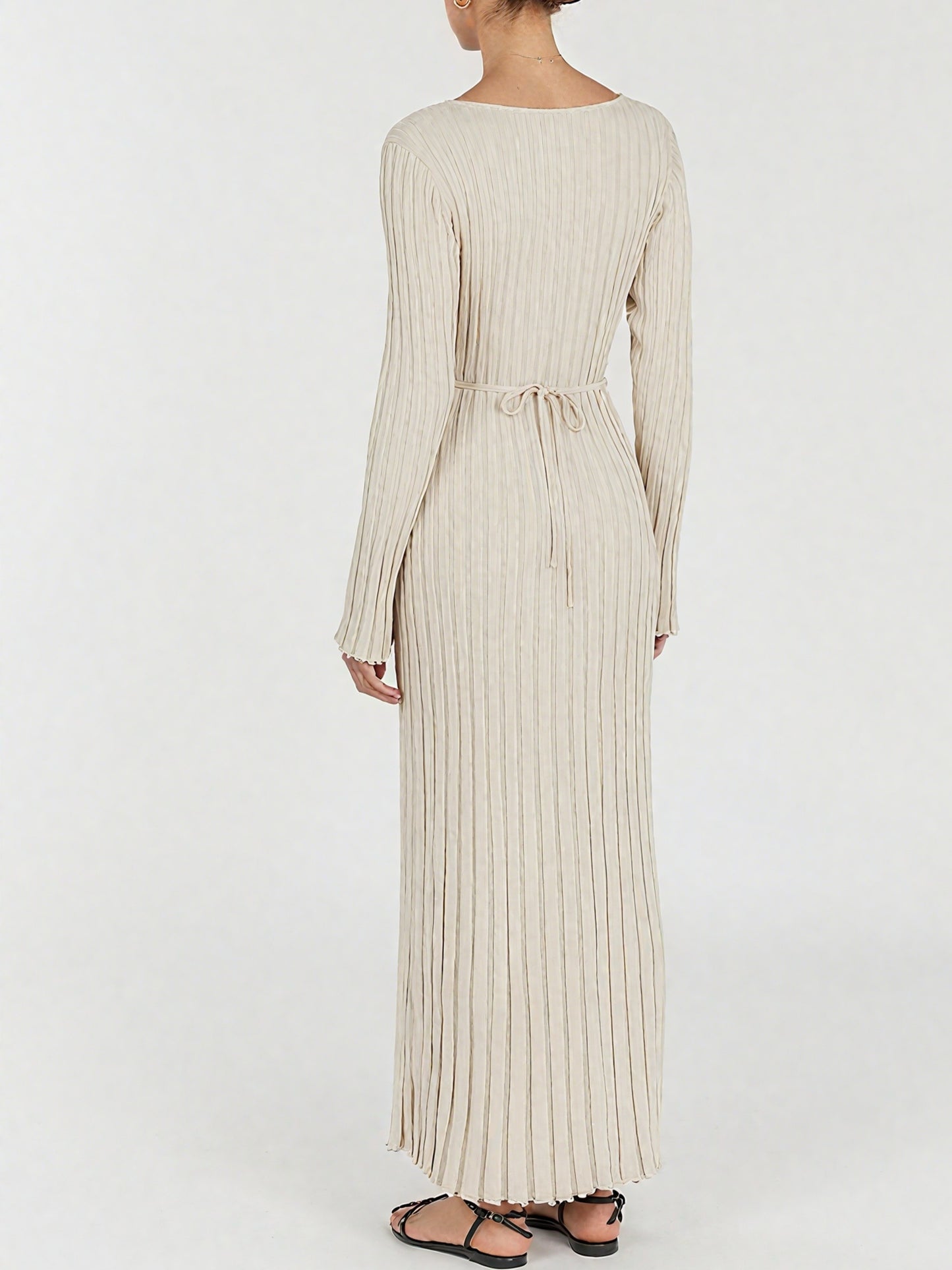 Elegant Stone Sleeved V-neck Knit Maxi Dress