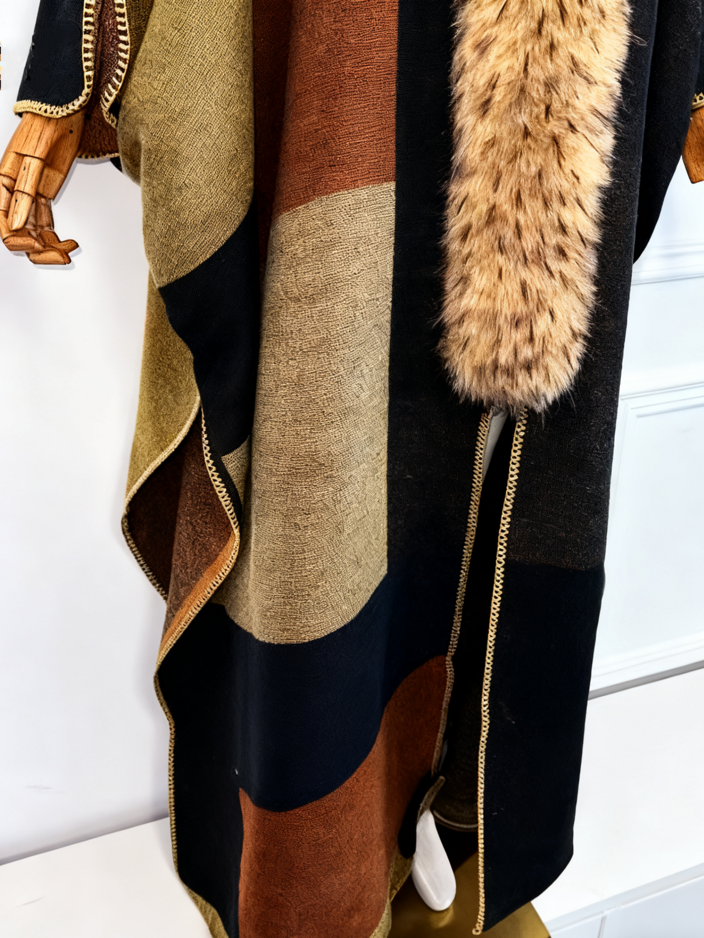 Removable Faux Fur Color Block Poncho