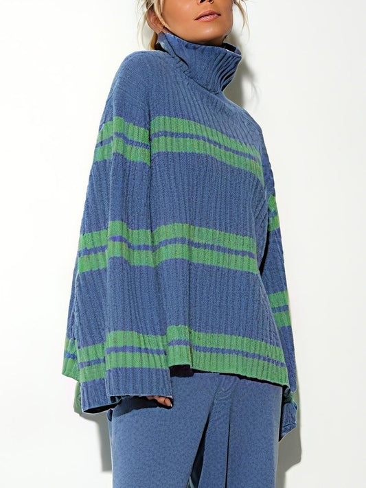 Blue and Green Stripes Chic Turtleneck Sweater