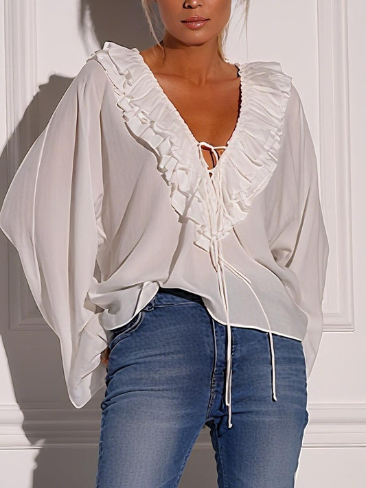 Elegant Ruffled Collar White Blouse
