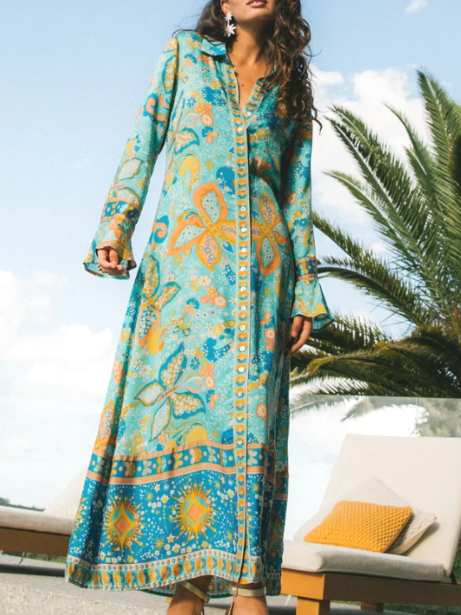 Blue Bohemian Floral Print Maxi Dress