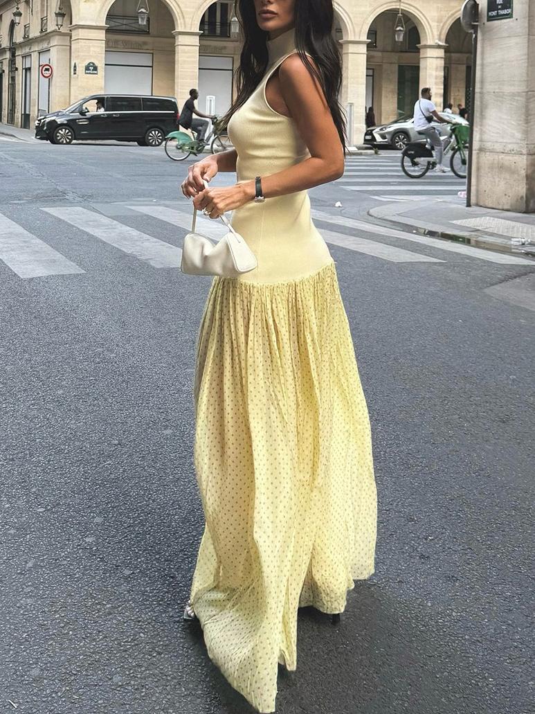 Chic High - Neck Sleeveless Dress with Polka - Dot Pleated Skirt
