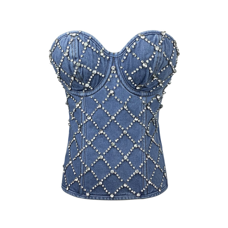 Beaded Denim Rhinestone Front Corset Top