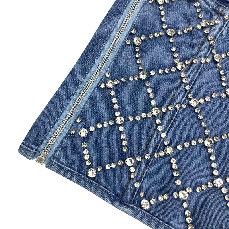 Beaded Denim Rhinestone Front Corset Top