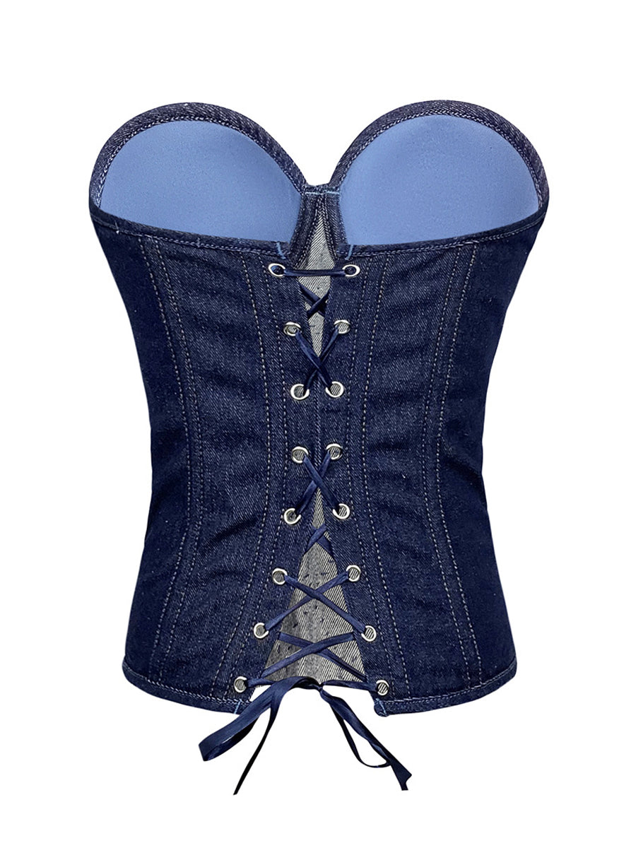 Beaded Denim Rhinestone Front Corset Top
