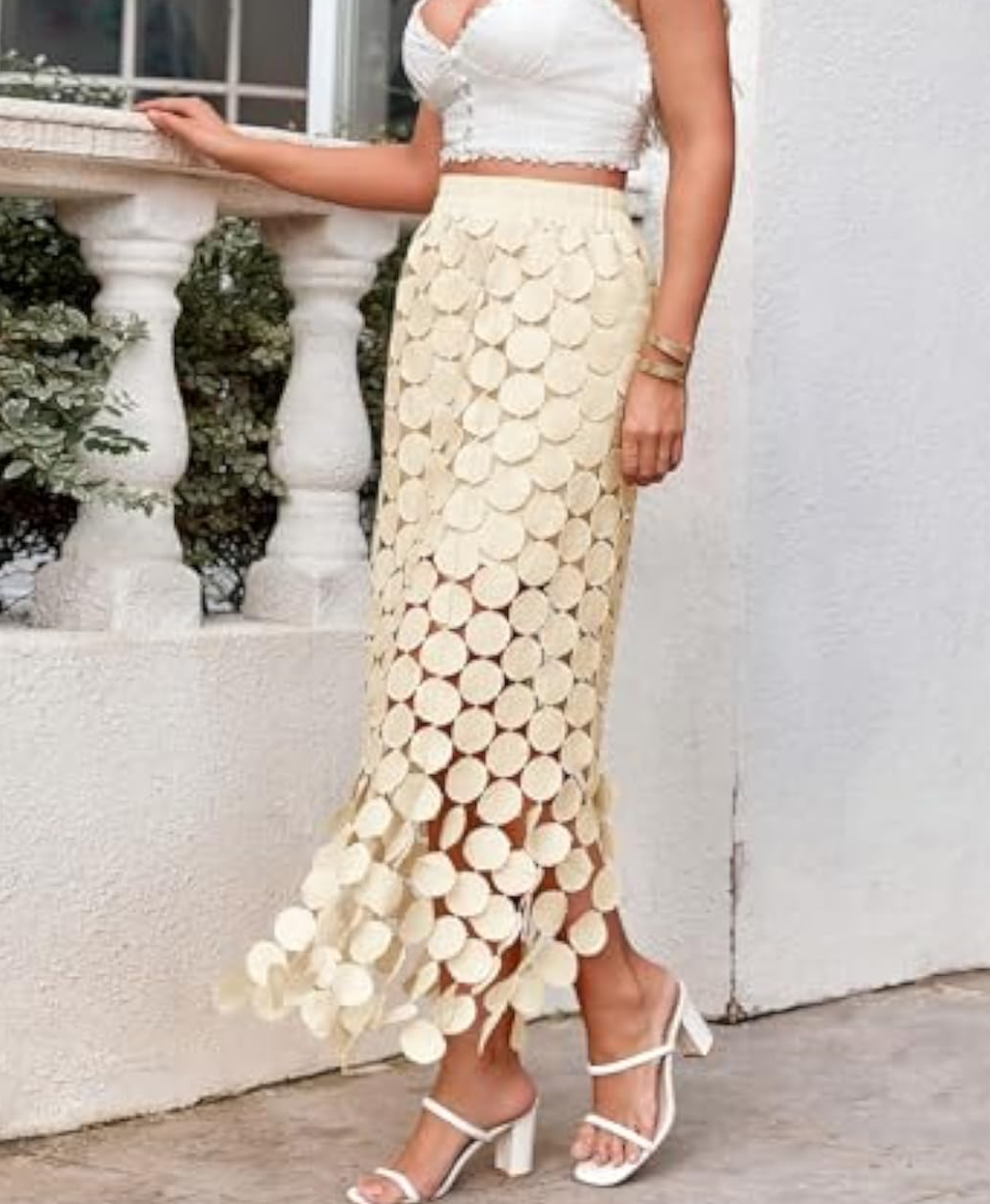 Elegant Cream Circle - Embellished Midi Skirt