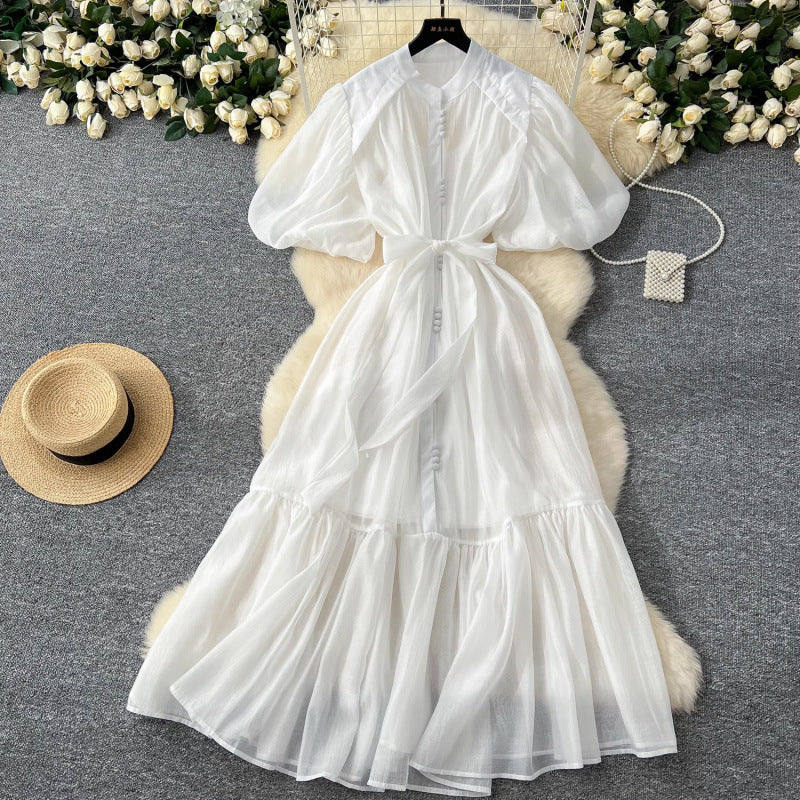 Lantern Sleeve Strap Tight Waist Single-breasted Dress