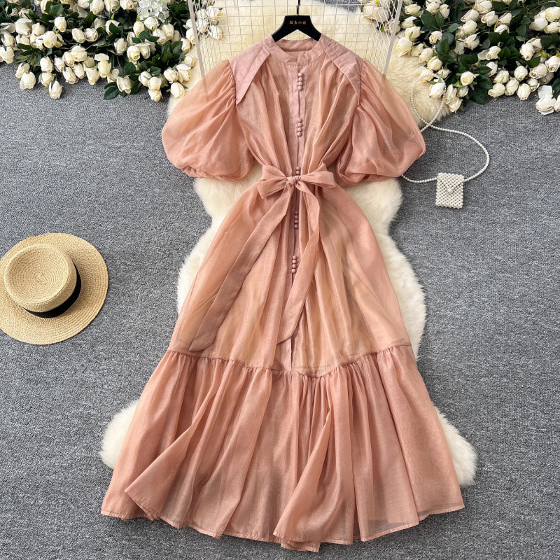 Lantern Sleeve Strap Tight Waist Single-breasted Dress