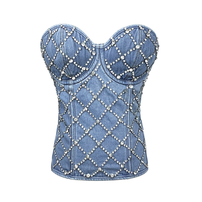 Beaded Denim Rhinestone Front Corset Top