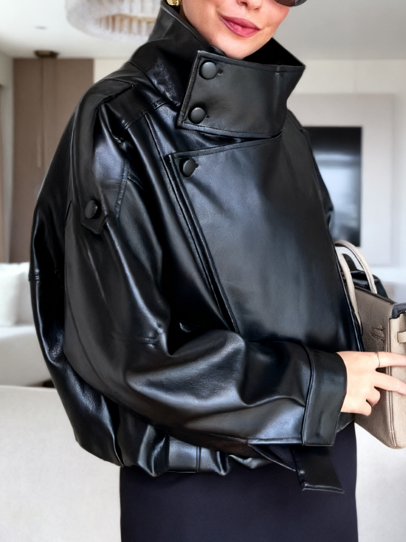 Stand Collar Oversize Leather Jacket