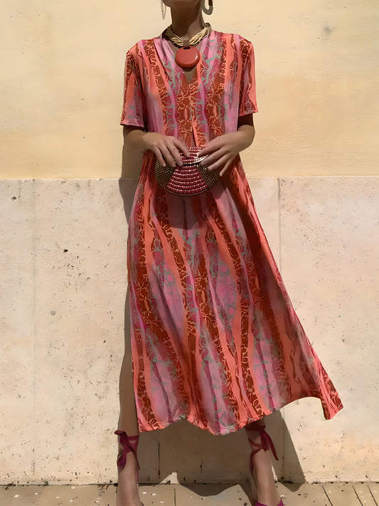 Printed V Neck Short Sleeve Dress
