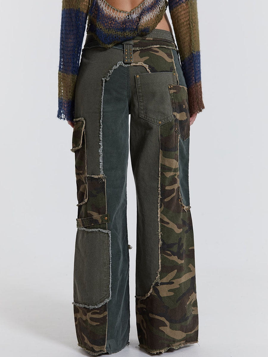 Patchwork Camouflage Print Pocket Crane Pants