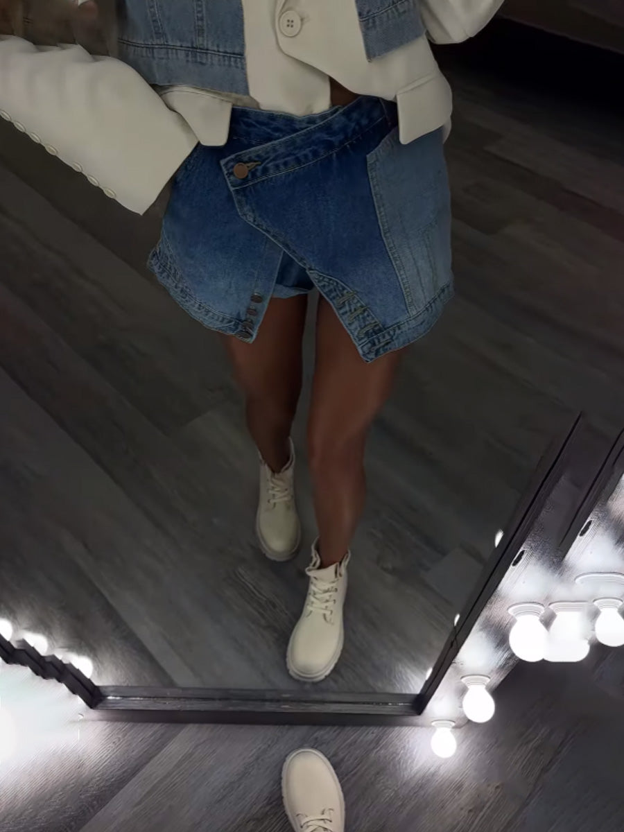 Color-block High-waist Denim Shorts