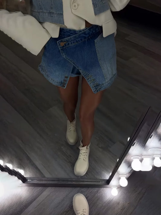 Color-block High-waist Denim Shorts