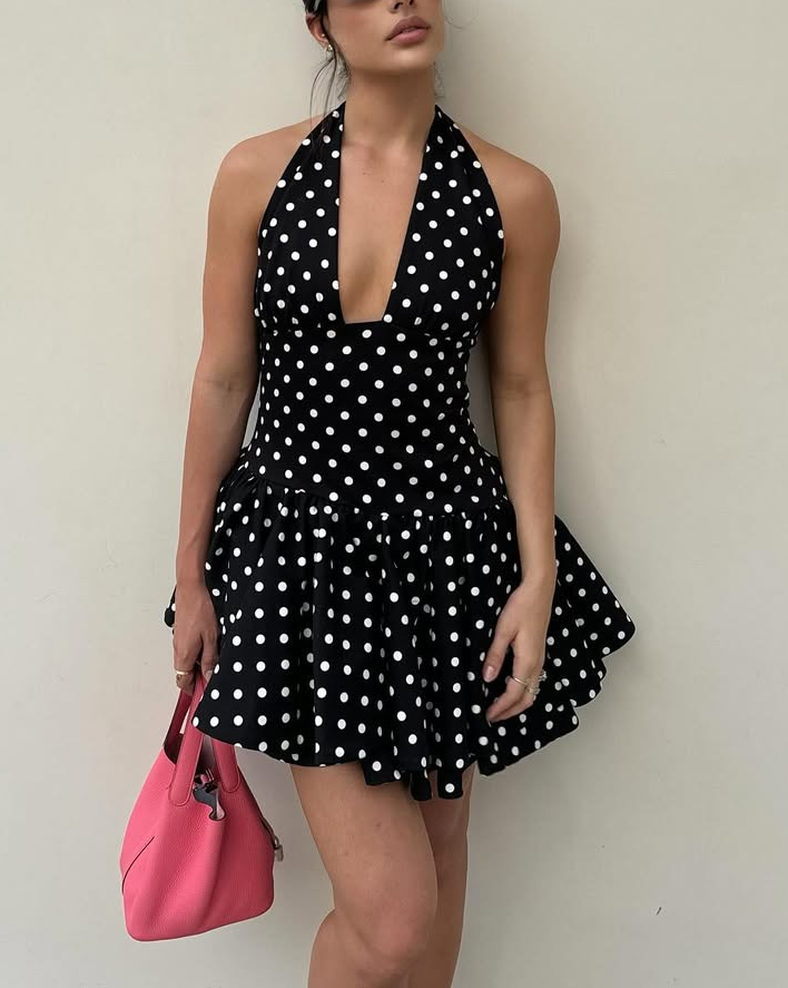 Chic Black Polka - Dot Halter Mini Dress