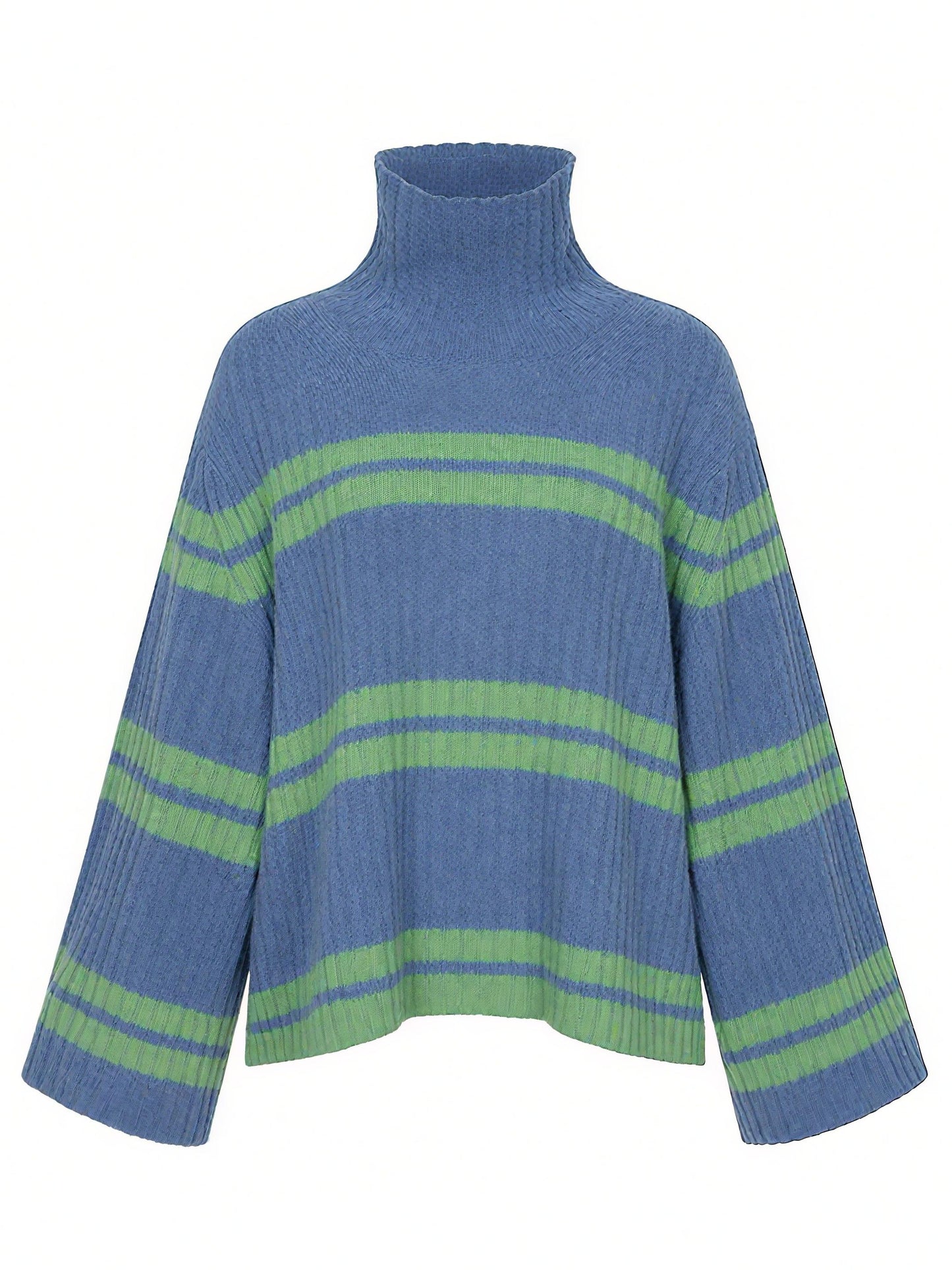 Blue and Green Stripes Chic Turtleneck Sweater
