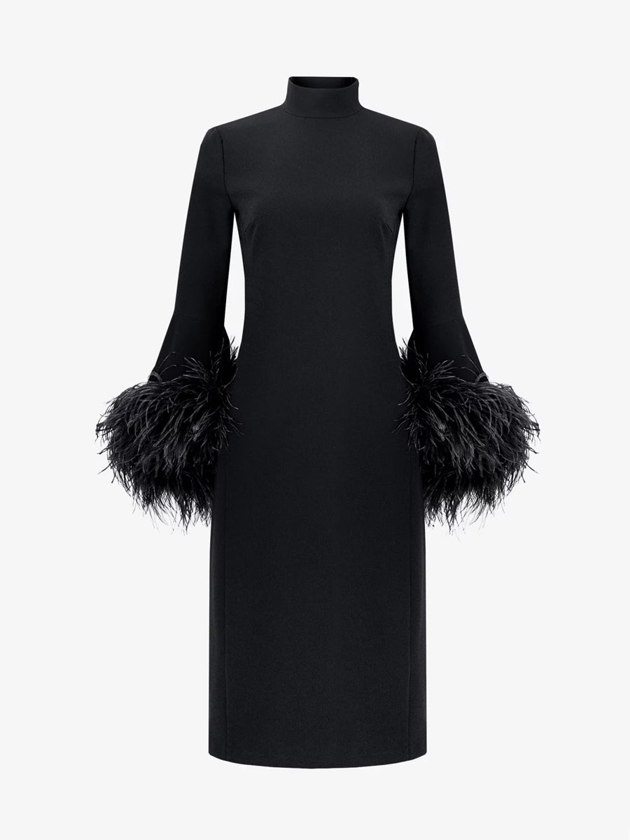 Stand-up Collar Feather Trim Sleeves Dress