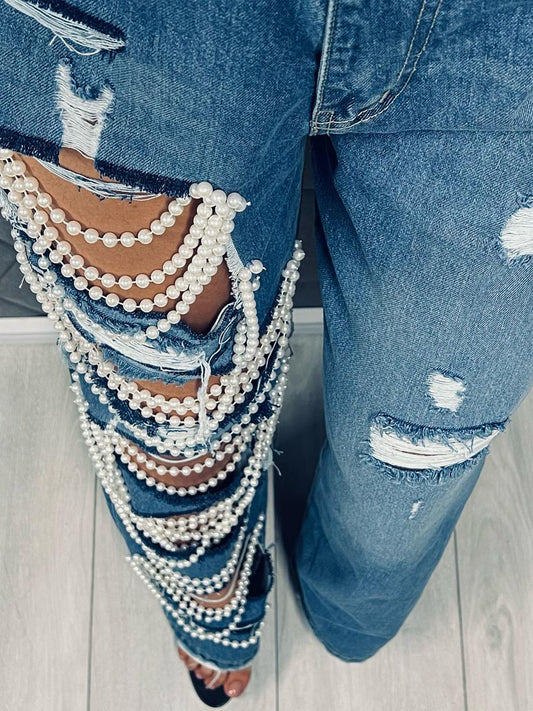 Denim Pearl Chain Ripped Jeans