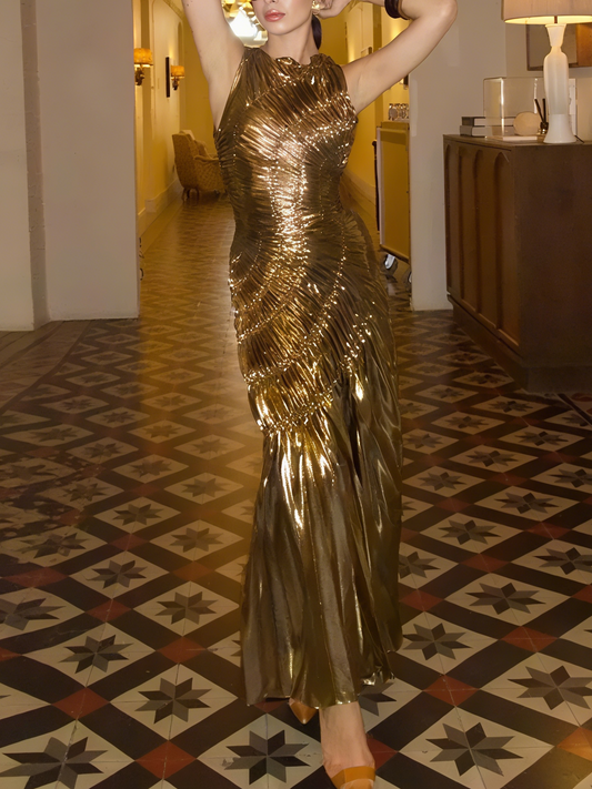Fashionable All-Match Casual Gold Pleated Dress