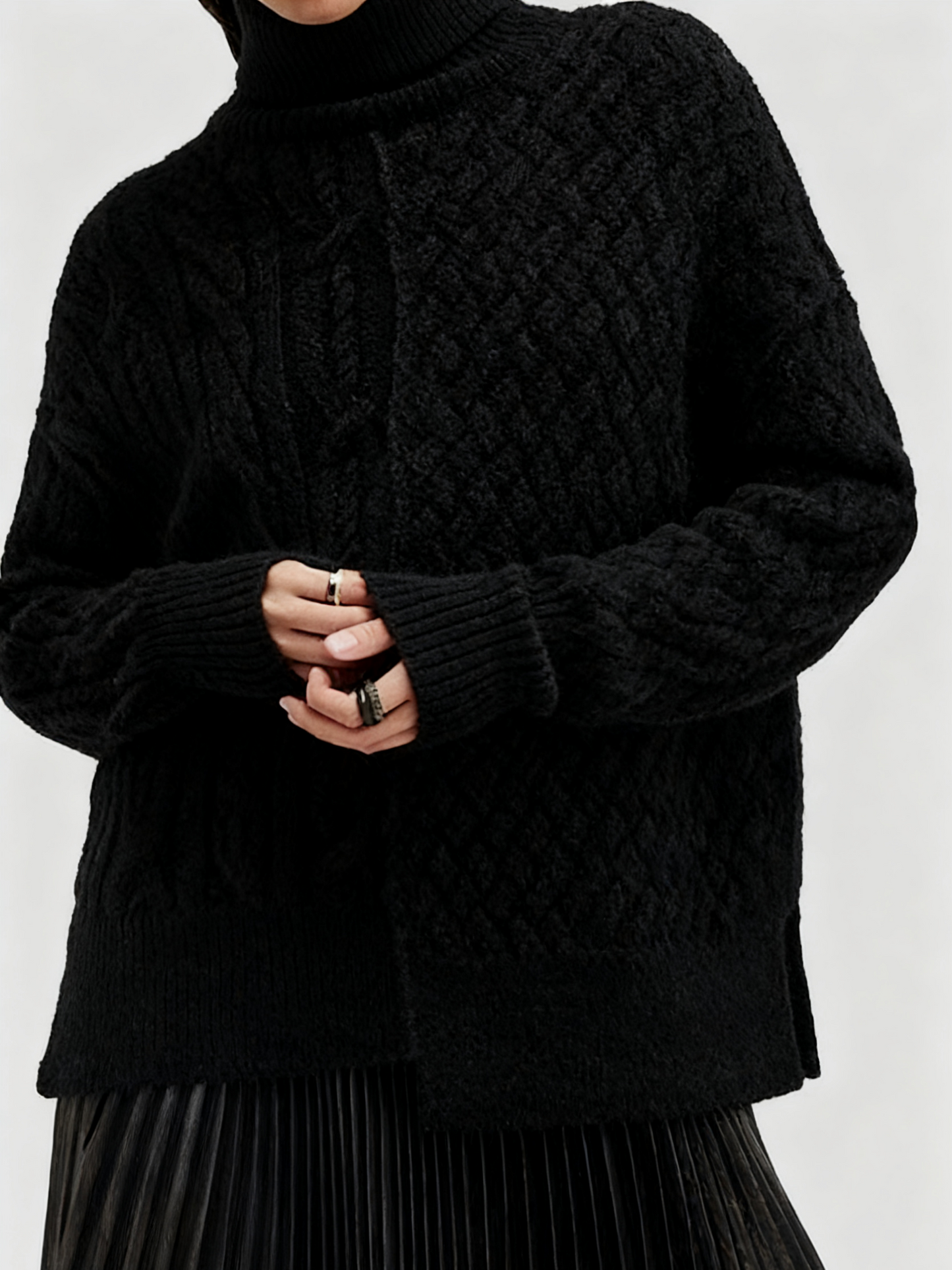 Black Turtleneck Cable Knit Sweater