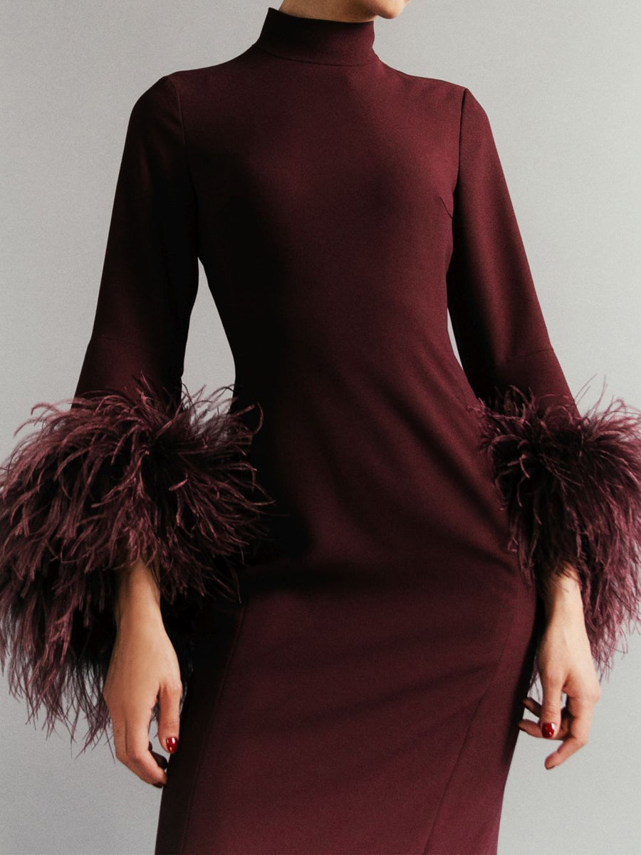 Stand-up Collar Feather Trim Sleeves Dress