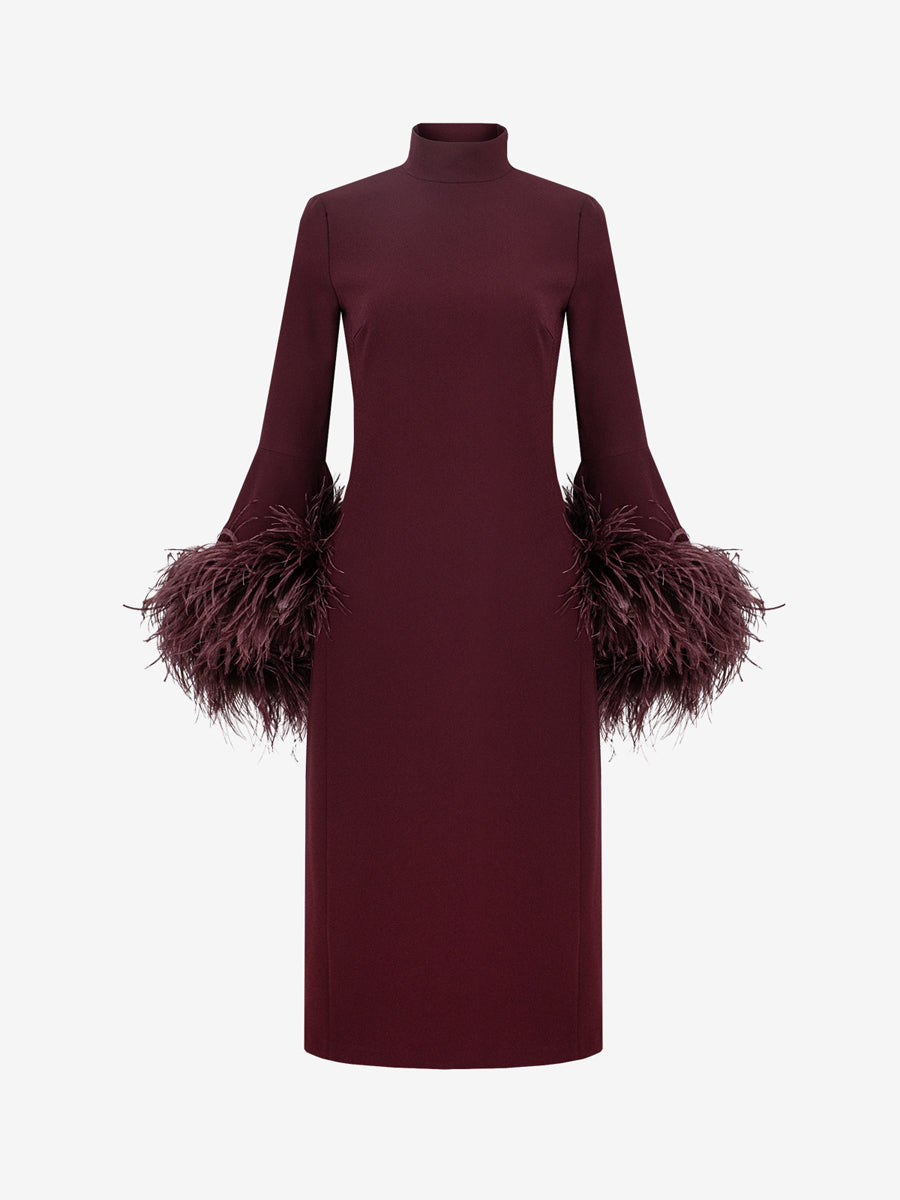Stand-up Collar Feather Trim Sleeves Dress