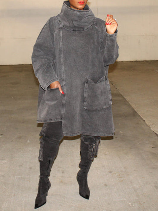 Funnel Neck Long Sleeve Irregular Denim Coat Dress