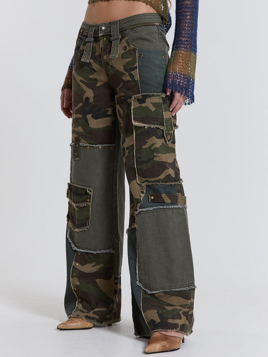 Patchwork Camouflage Print Pocket Crane Pants