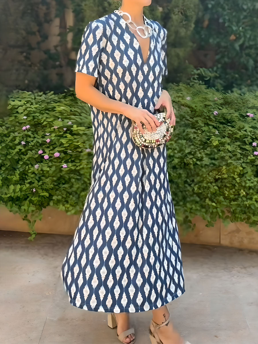 Printed V Neck Short Sleeve Dress