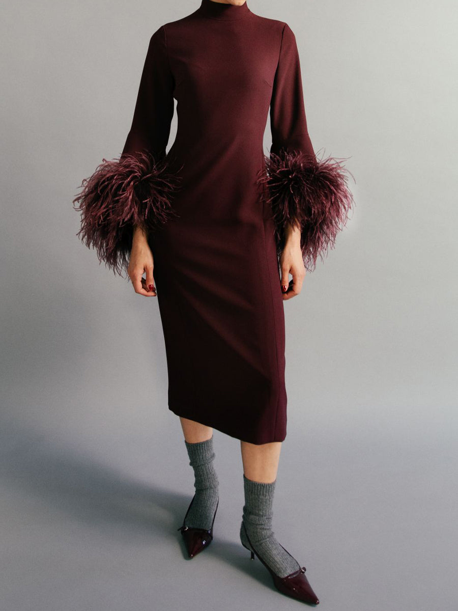 Stand-up Collar Feather Trim Sleeves Dress