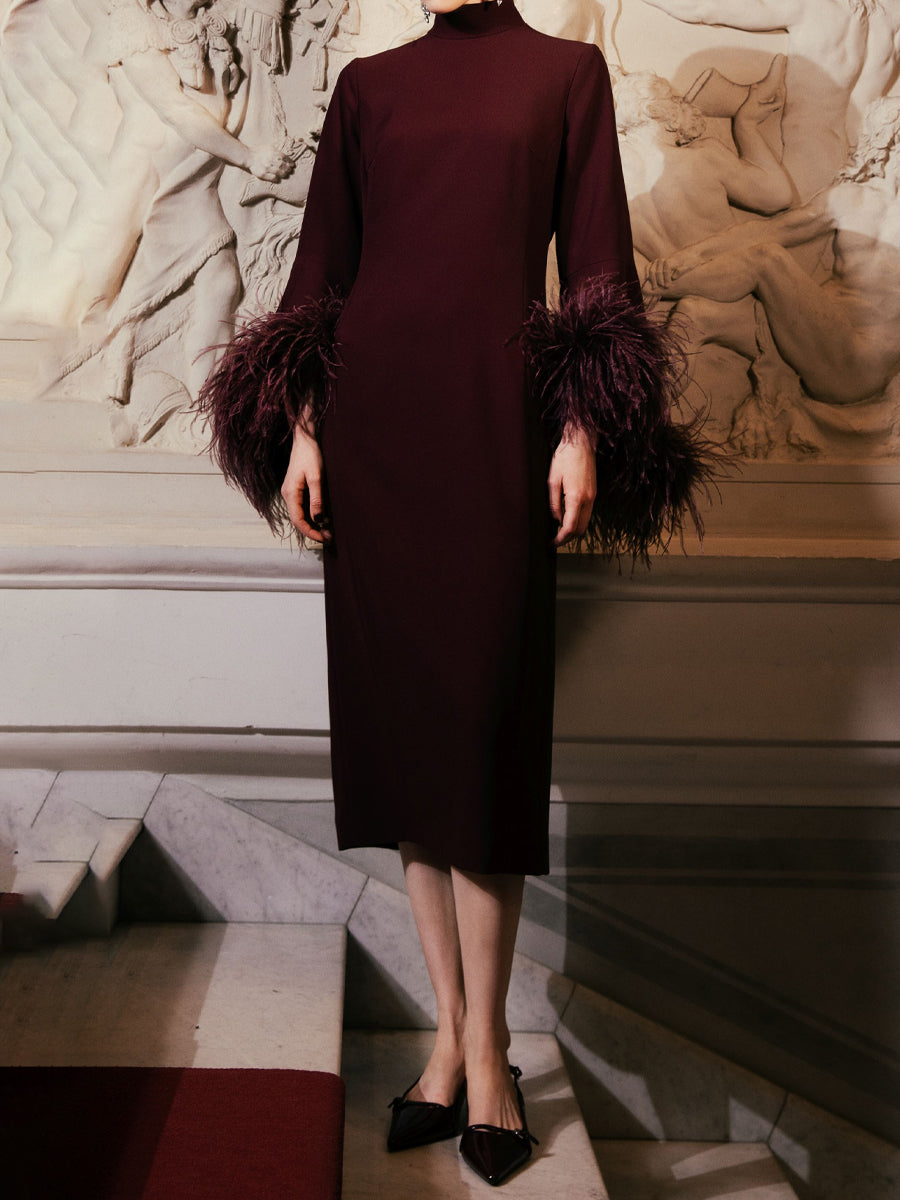 Stand-up Collar Feather Trim Sleeves Dress