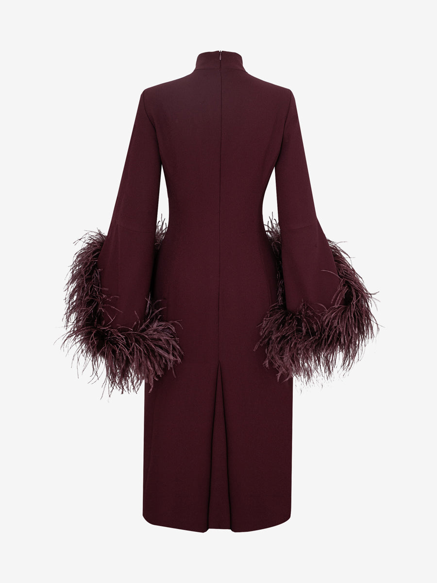 Stand-up Collar Feather Trim Sleeves Dress