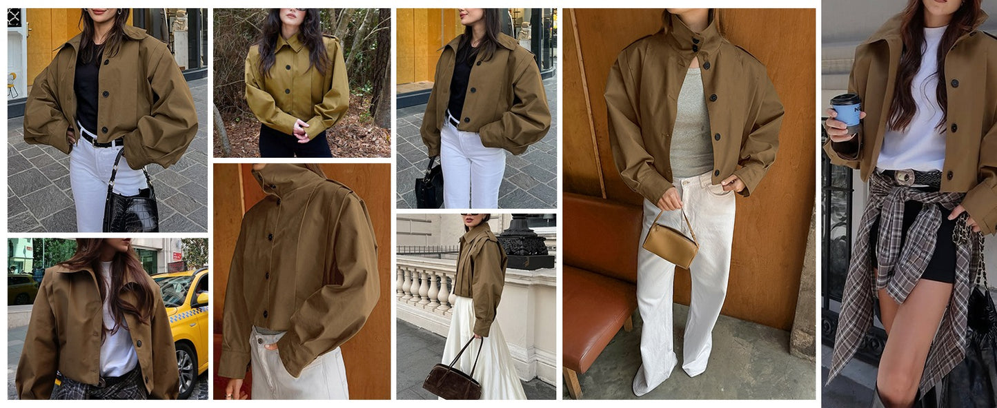 Casual Lapel Collar Cropped Pleated Jacket