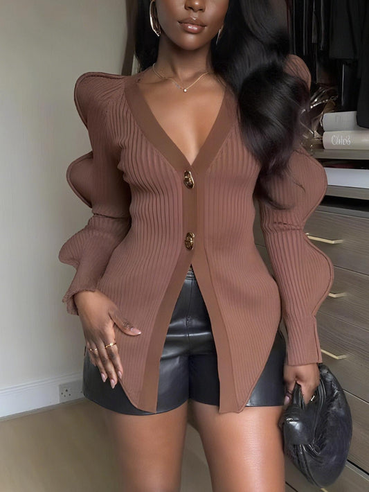 Stylish Knit Long Wave Sleeve V - Neck Cardigan