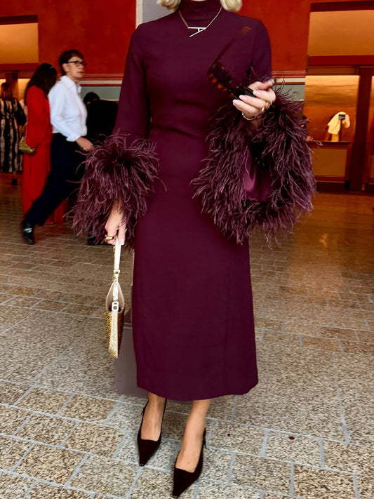 Stand-up Collar Feather Trim Sleeves Dress
