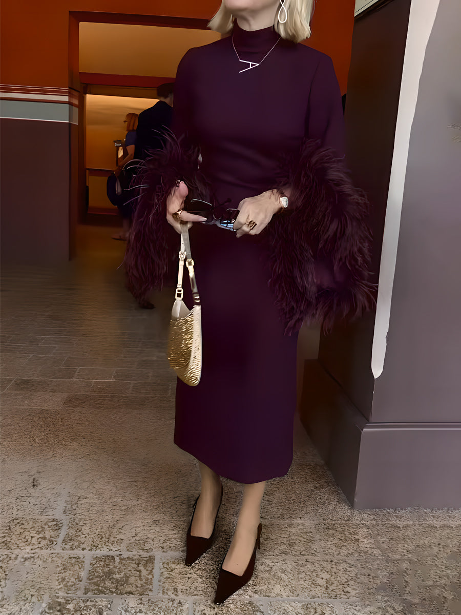 Stand-up Collar Feather Trim Sleeves Dress