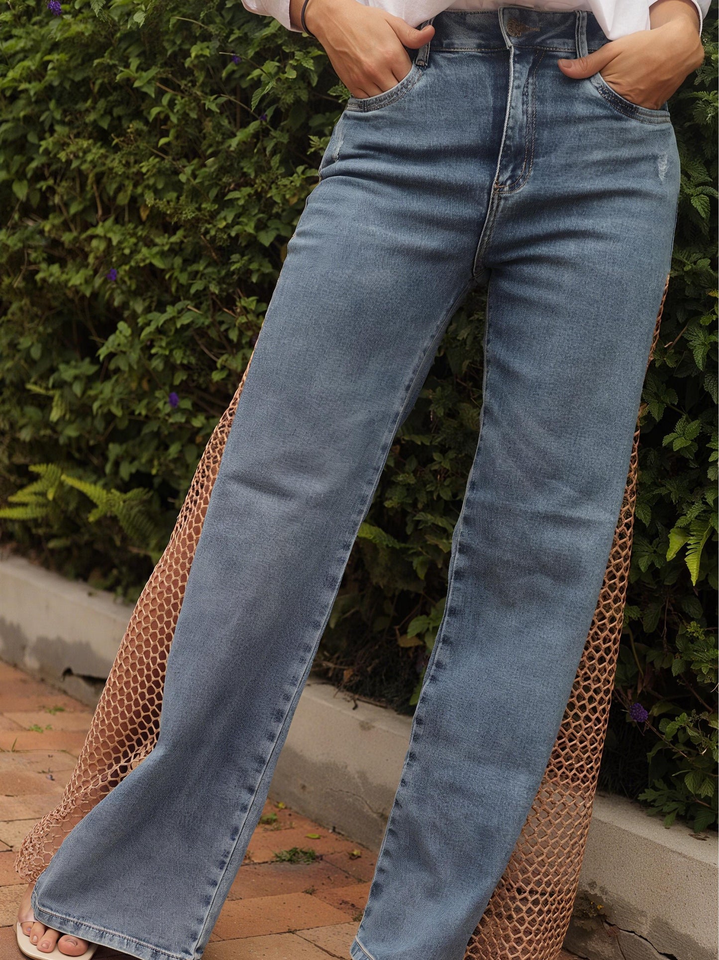 Chic Denim Jeans with Sheer Mesh Side Panels
