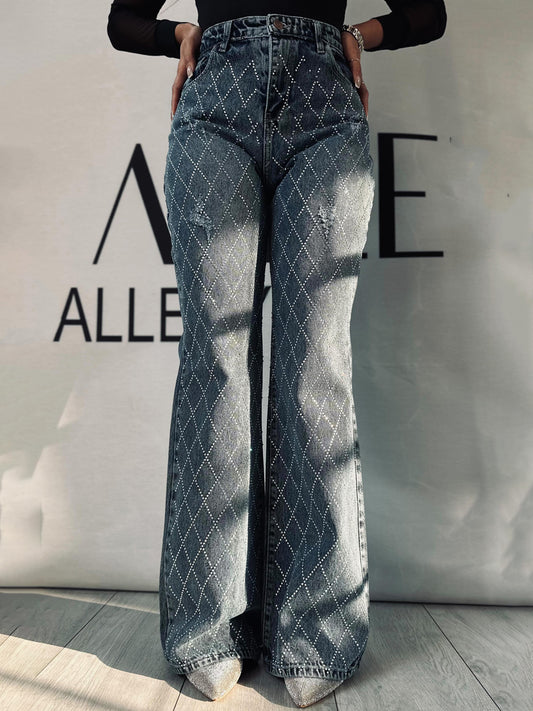 Vintage Rhomboid Hot Drilling High Waist Jeans