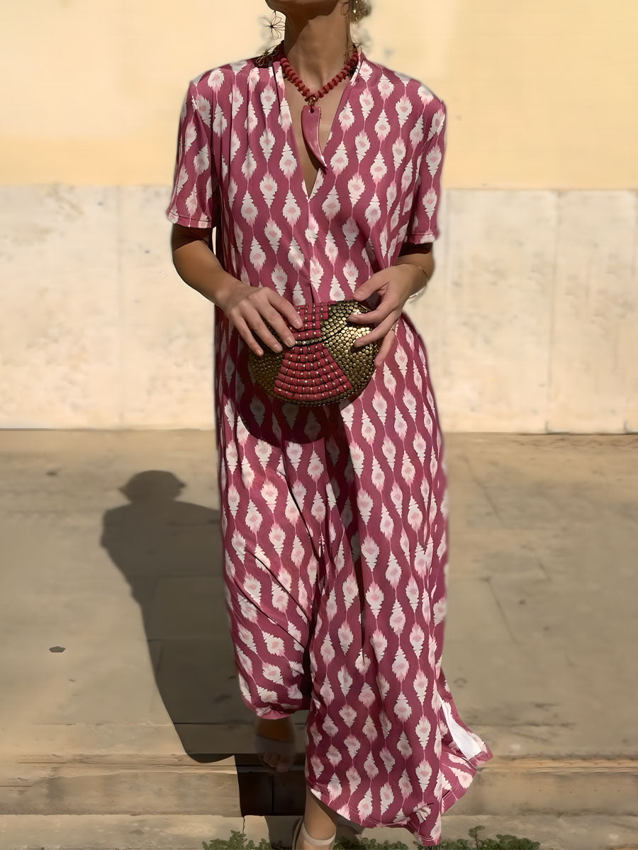 Printed V Neck Short Sleeve Dress