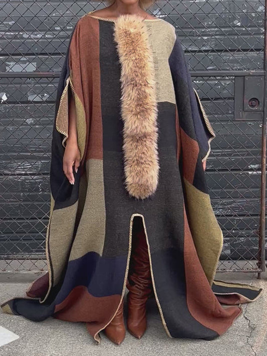 Removable Faux Fur Color Block Poncho