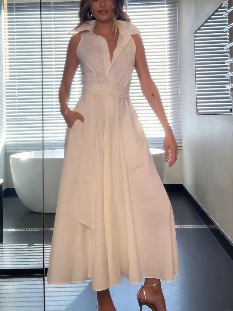 Elegant Shirt-Collar Sleeveless Midi Dress with Self-Tie Waist