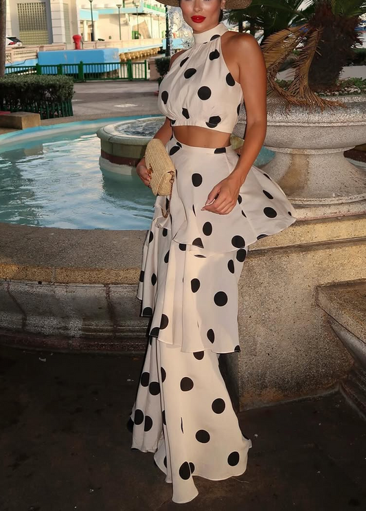 Chic Polka - dot Two - piece Skirt Set with Crop Top
