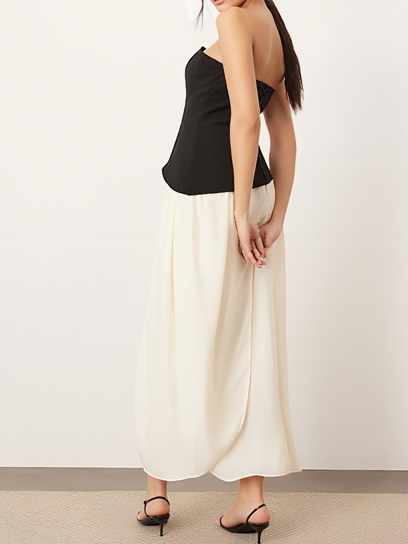 Sculpted Bandeau with Drape Tulip Skirt Midi Dress in Contrast Mono