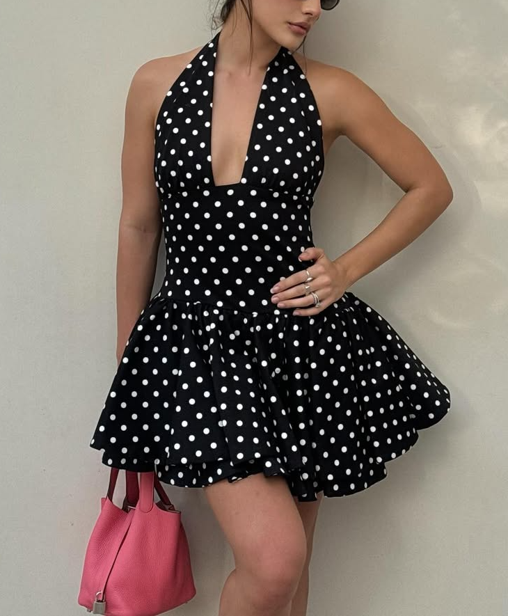 Chic Black Polka - Dot Halter Mini Dress