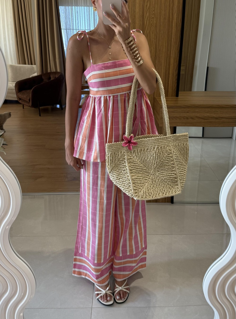 Chic Pink and Orange Striped Two - Piece Set